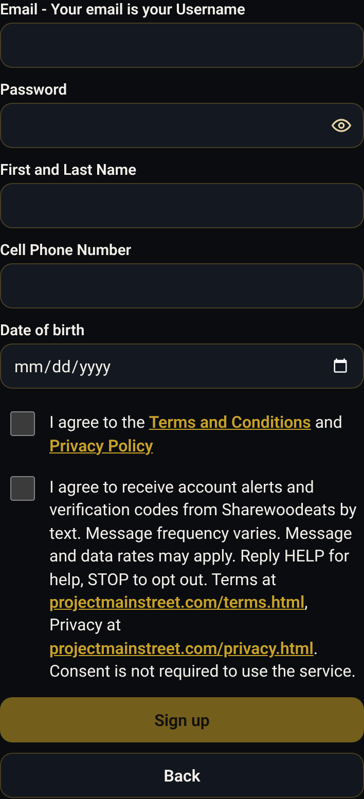 Sharewoodeats sign-up form showing the optional, unchecked SMS consent checkbox